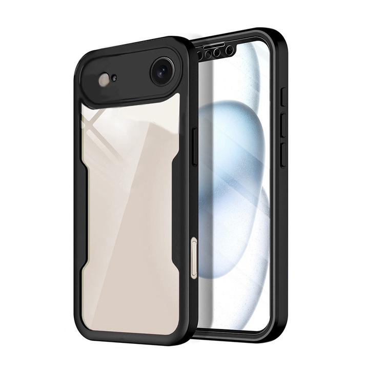360-градусов калъф, съвместим с Apple iPhone 17 Air, С включен протектор за екран, Устойчив на удари, Против пожълтяване, Против надраскване, Издръжлив, Повдигнати ръбове от 3 мм, Черен/Прозрачен