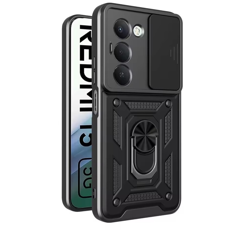 Husa pentru Xiaomi Redmi 15 4G, 5G Ring Armor Kickstand Tough Rugged Cover cu protectie camera, negru