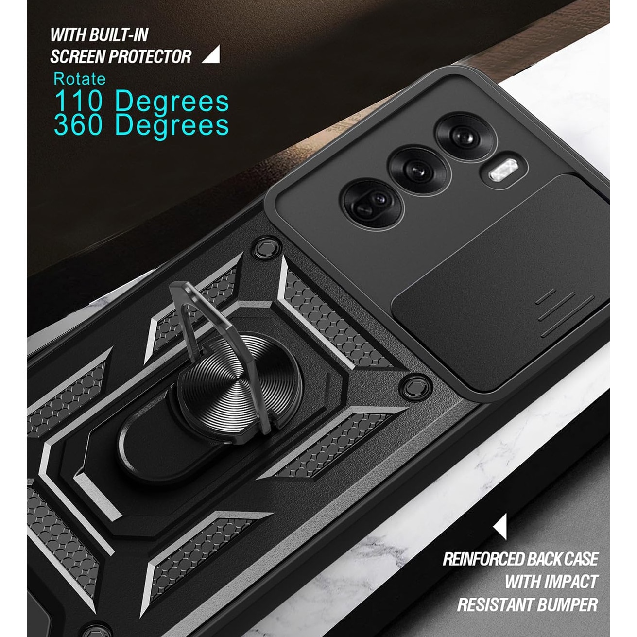 Husa pentru Xiaomi Redmi 15 4G, 5G Ring Armor Kickstand Tough Rugged Cover cu protectie camera, negru
