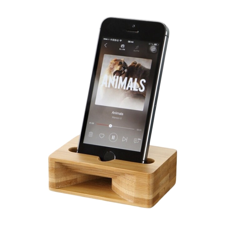 Suport din Lemn de Bambus pentru Telefon Mobil Neo™, cu Amplificator de Sunet, pentru masa sau birou, 10x3x6 cm