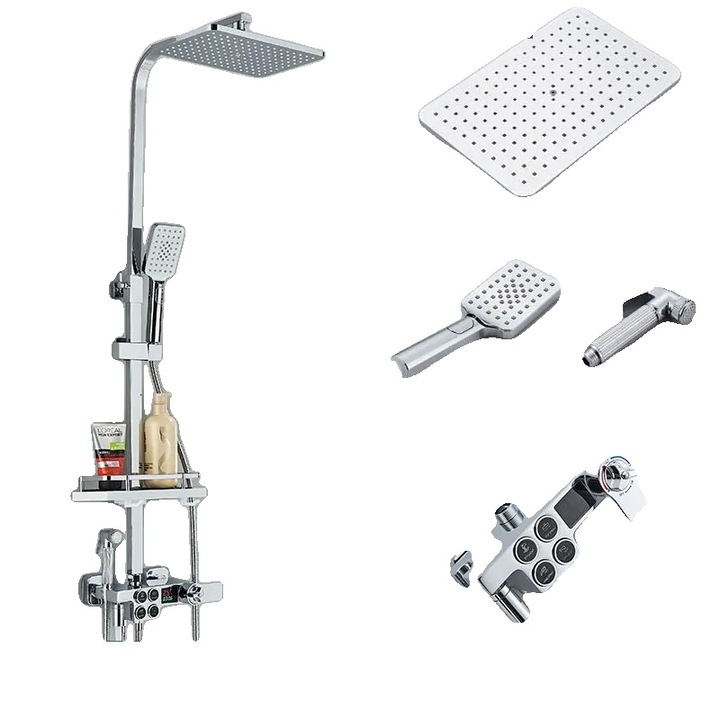 Zuhany csaptelep, termosztatikus vezérlésű, falra szerelhető, króm, állítható méretek 13.5x17cm