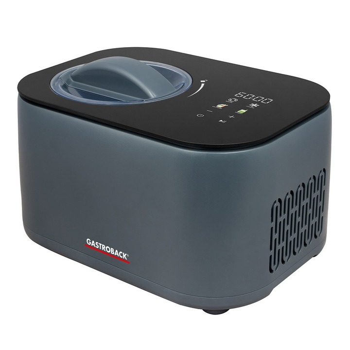 Masina de inghetata si sorbet 2in1 Gastroback, Mini Gelateria, cu compresor, capacitate bol 1 litru, ideal pentru gelato, sorbet, frozen yoghurt, 4 programe automate, timer, display digital, functie mentinere la rece, calitate premium, bleumarin
