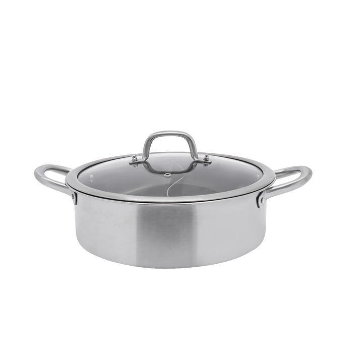 Oala din otel inoxidabil, gatit cu arome duale, 32cm, capac din sticla transparenta