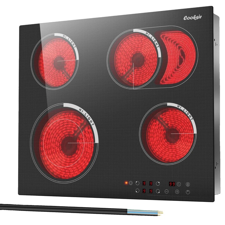 Електрически котлон, четири зони за готвене, тъч контрол, черен, 59x52x4.4см