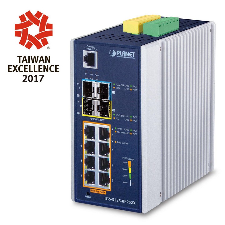 Nem menedzselhető switch PLANET IP30, 8x 1000T port, 2x 10G SFP+ port, -40 és 75°C közötti hőmérséklet