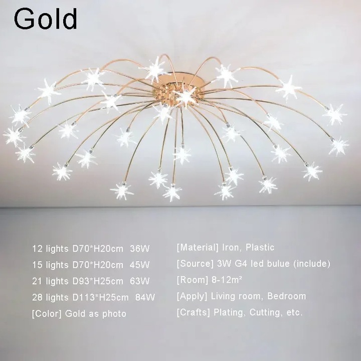 Lustra moderna, 15 lumini, alb rece, aurie, dimensiune variabila