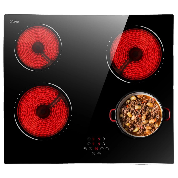 Beépíthető elektromos főzőlap, kerámia, érintésvezérlés, 4 zóna, 6000 W, fekete, 60x60cm