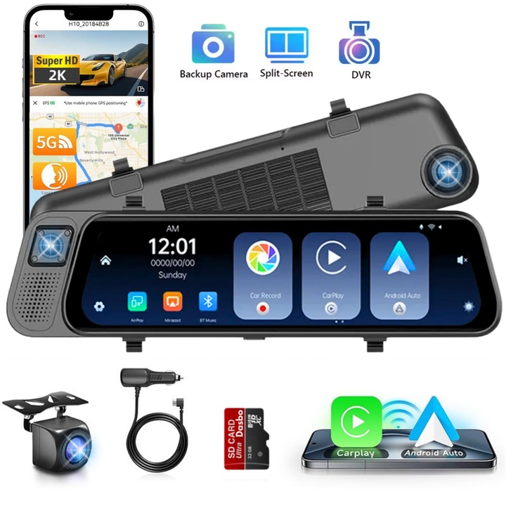 Camera de bord Auto tip Oglinda - Dasbo®, Navigatie Auto cu 3 Camere, Fata 2K + spate si interior 1080P, Carplay si Android auto, Touch screen de 9,66 inch - 2560x1440P, Transmitator FM, AUX, Senzor-G, Night-Vision, Wi-Fi, Aplicatie Telefon, Card memorie