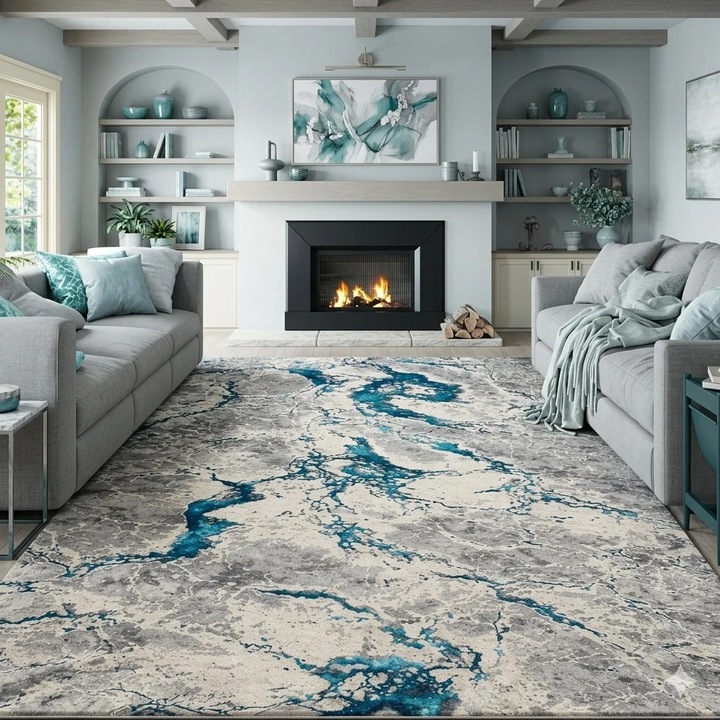 Covor LIVARIO 150 x 230 cm Buse Fulgerul Turcoaz, Certificat Oeko, Densitate 2.1KG/m2, Grosime 10 mm, Numar noduri pe m2 29000, Hol, Living, Dormitor