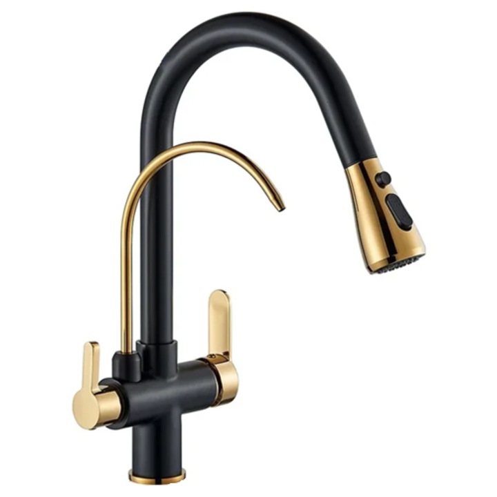 Baterie Bucatarie cu 3 cai, iesire pentru Filtru de Apa Purificata, racorduri incluse, din Alama, Negru Mat si Auriu, Rain Drop de la Robinetul Meu