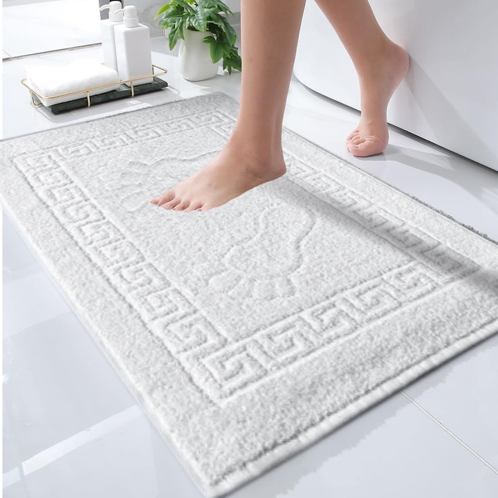 Covor baie antiderapant Greek Border, Modis, 100% Bumbac, Fir Dublu, Moale si Absorbant, usor de curatat, 50x70 cm, Alb