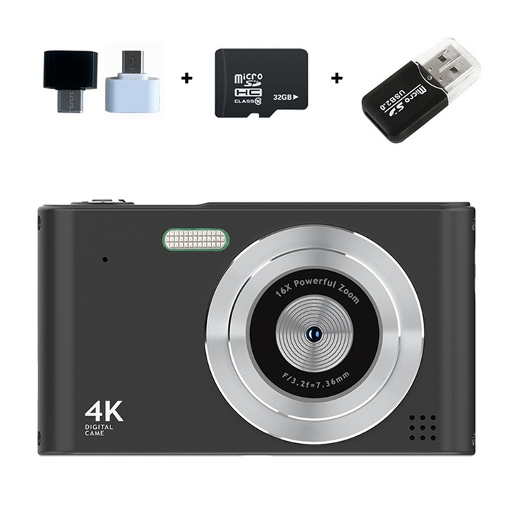 Компактен цифров фотоапарат, Bytelike, 32 G карта памет, 2.4-инчов IPS екран, 16x увеличение, HD снимки, вградена светкавица, включен адаптер за Android телефони, USB четец за карти, черен