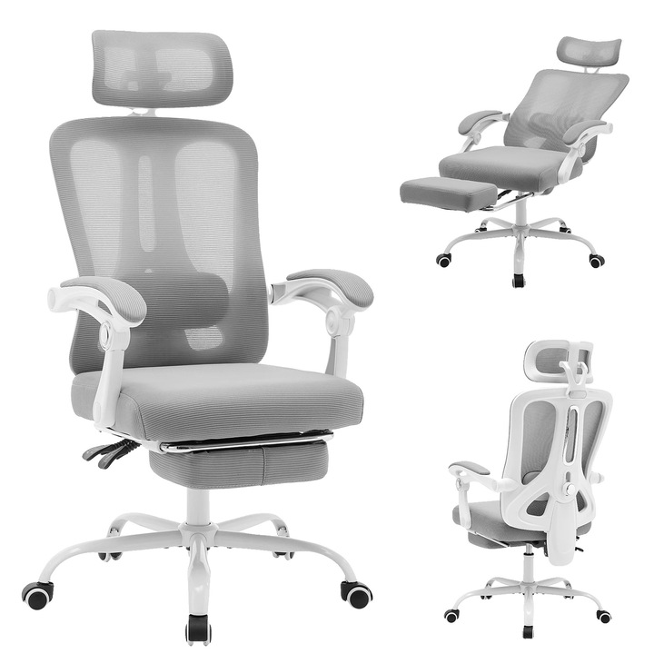 Scaun birou, design ergonomic, suport lombar ajustabil, gri, inaltime ajustabila