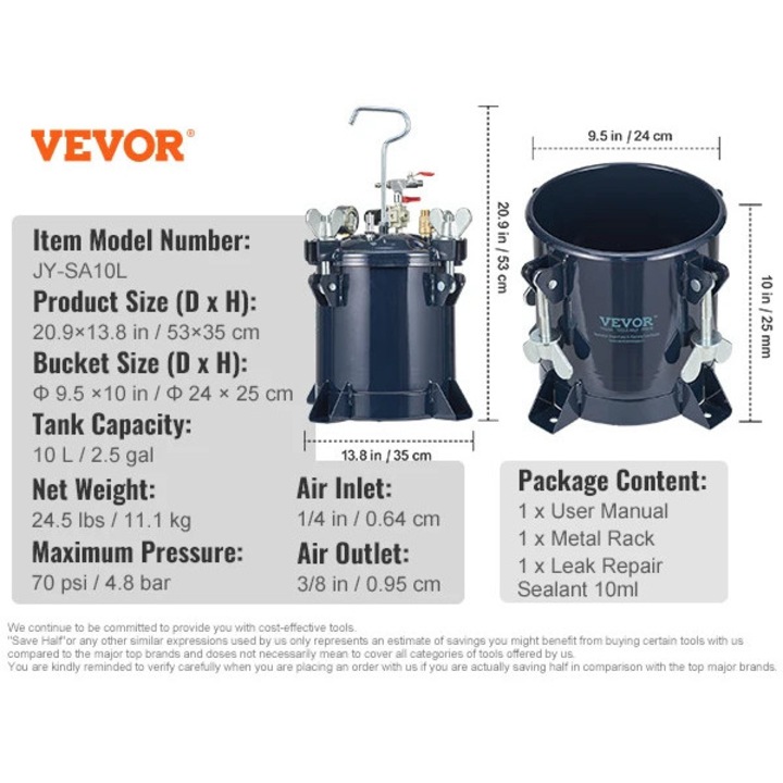 Пистолет за боядисване, 10л, регулируемо налягане 70psi, здрав дизайн, система с двойни клапани