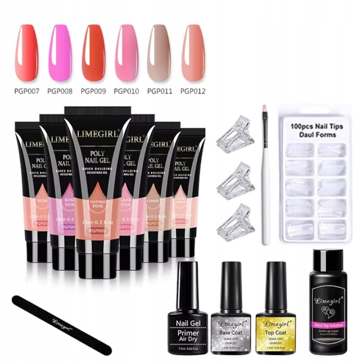 Set manichiura hibrida, 6 culori, baza si top coat, instrumente incluse