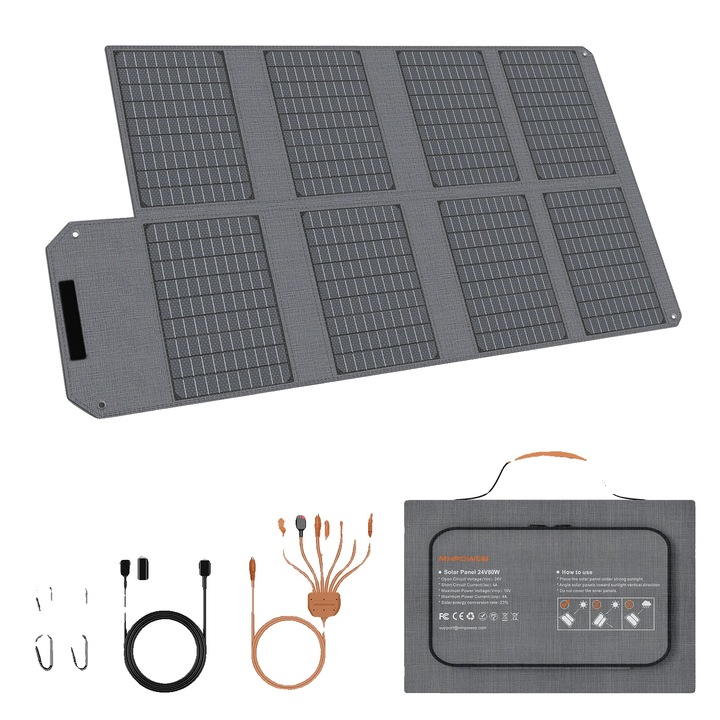 Panou solar 80W, design portabil, eficienta maxima, dimensiuni pliat 32.5x25x8cm, dimensiuni desfasurat 121x97x0.5cm