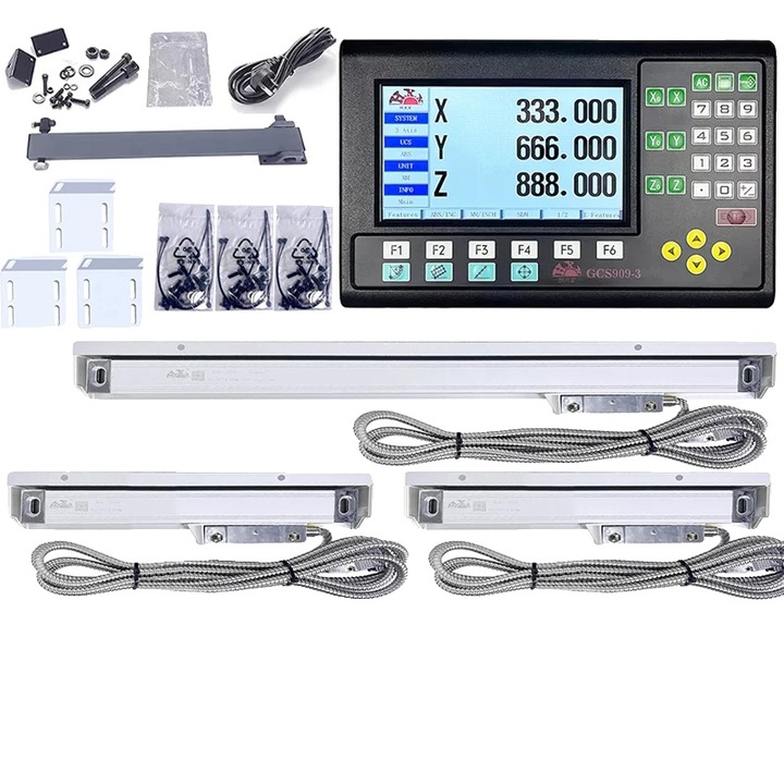 Digitális mérőrendszer 2 tengelyes / 3 tengelyes, GCS909-3 DRO KÉSZLET, nagy LCD kijelző, komplett készlet