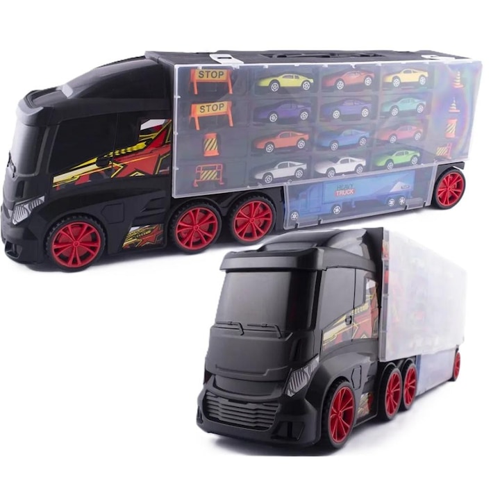 Készlet: Autószállító Kamion 12 Autóval és Kiegészítőkkel, Lena, 1:64, Többszínű