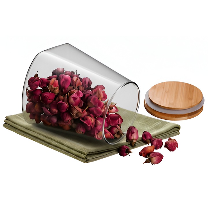 Borcane de sticlă Salestore.ro, capac bambus, 600 ml, formă trapezoidală, transparent