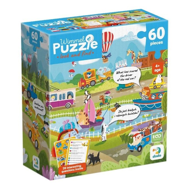 Puzzle DODO "Transport" 60 piese, multicolor, cu carduri de sarcini