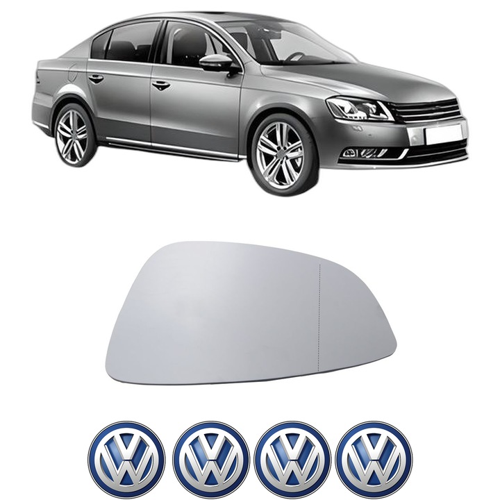 Sticla oglinda exterioara Stanga VW PASSAT B7 (362) din 2010 - 2014, auto, cu incalzire, Cri-Flo, 4 stickere auto VW