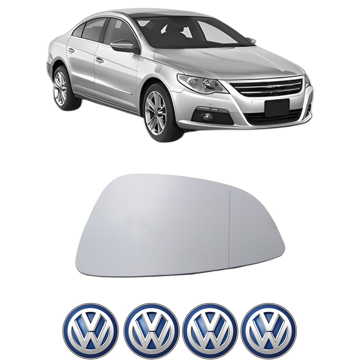 Sticla oglinda exterioara Stanga VW PASSAT CC B6 (357) din 2008 - 2012, auto, cu incalzire, Cri-Flo, 4 stickere auto VW