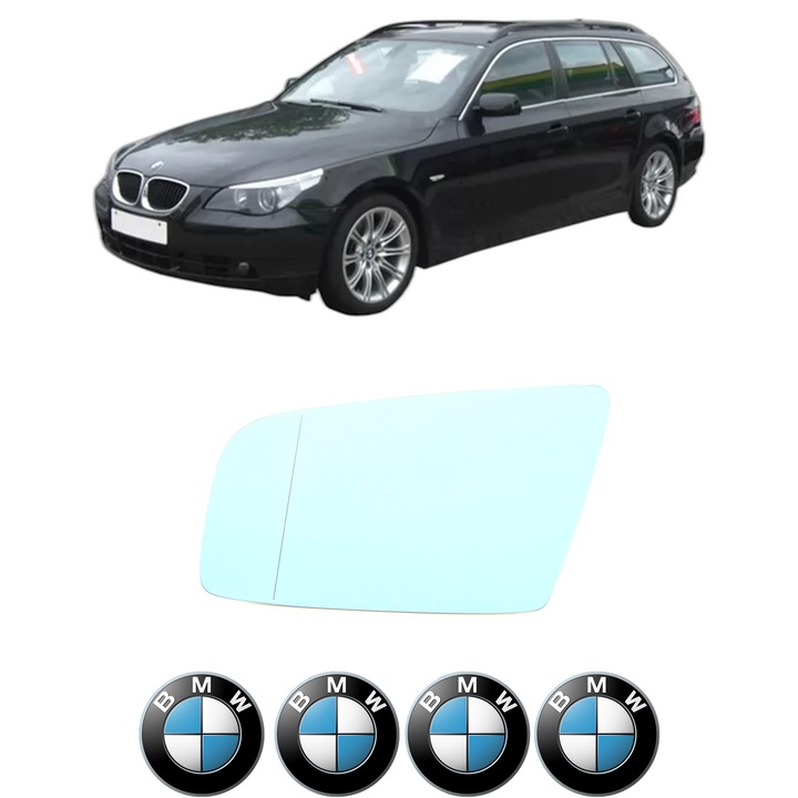 Sticla oglinda exterioara Stanga BMW 5 Touring (E61) din 2004 - 2010, auto, cu incalzire, Cri-Flo, 4 stickere auto BMW