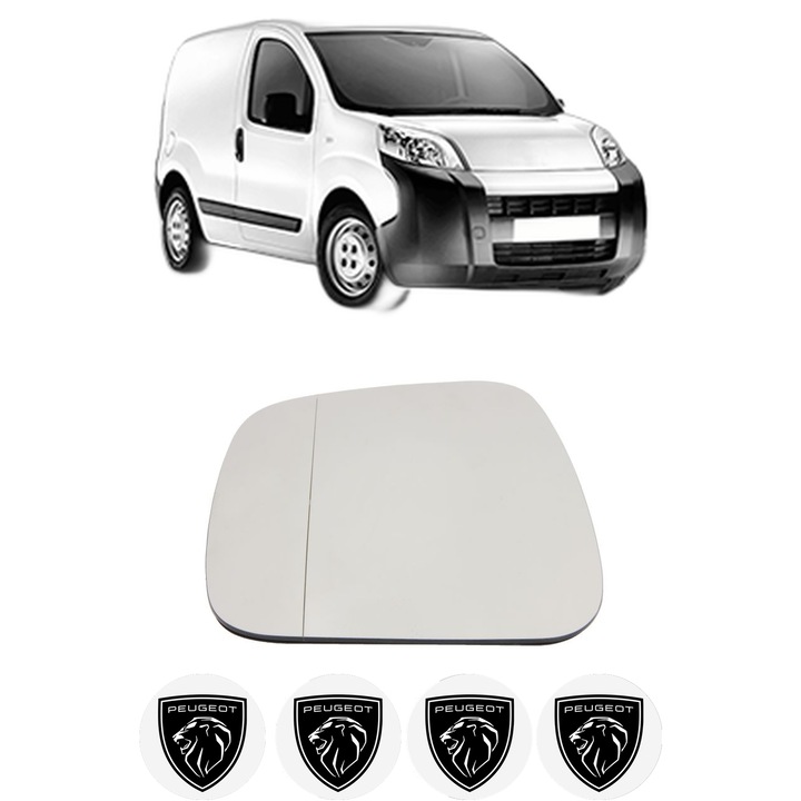 Sticla oglinda exterioara Stanga PEUGEOT BIPPER (AA_) din 2008 - 2010, auto, fara incalzire, Cri-Flo, 4 stickere auto PEUGEOT