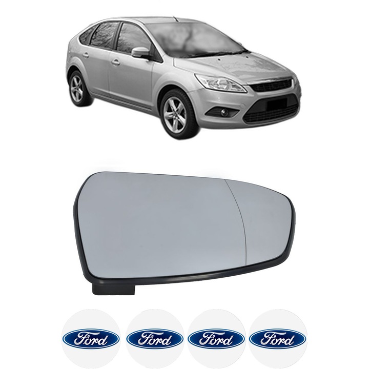 Sticla oglinda exterioara Stanga FORD FOCUS din 1998 - 2020, auto, cu incalzire, Cri-Flo, 4 stickere auto FORD