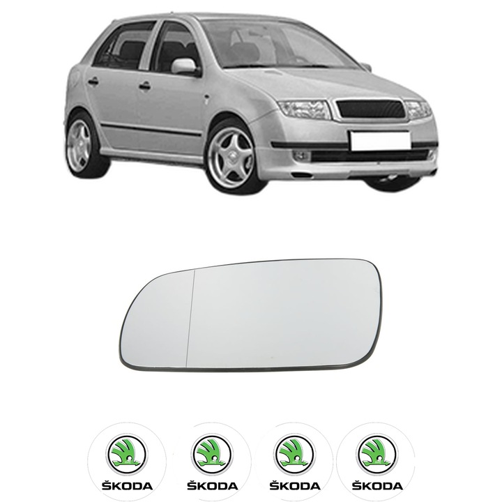 Sticla oglinda exterioara Stanga SKODA FABIA I (6Y2) din 1999 - 2008, auto, cu incalzire, Cri-Flo, 4 stickere auto SKODA