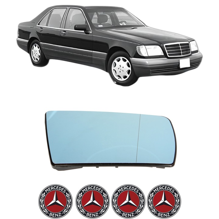 Sticla oglinda exterioara Dreapta MERCEDES-BENZ S-CLASS (W140) din 1991 - 1998, auto, cu incalzire, Cri-Flo, 4 stickere auto MERCEDES-BENZ