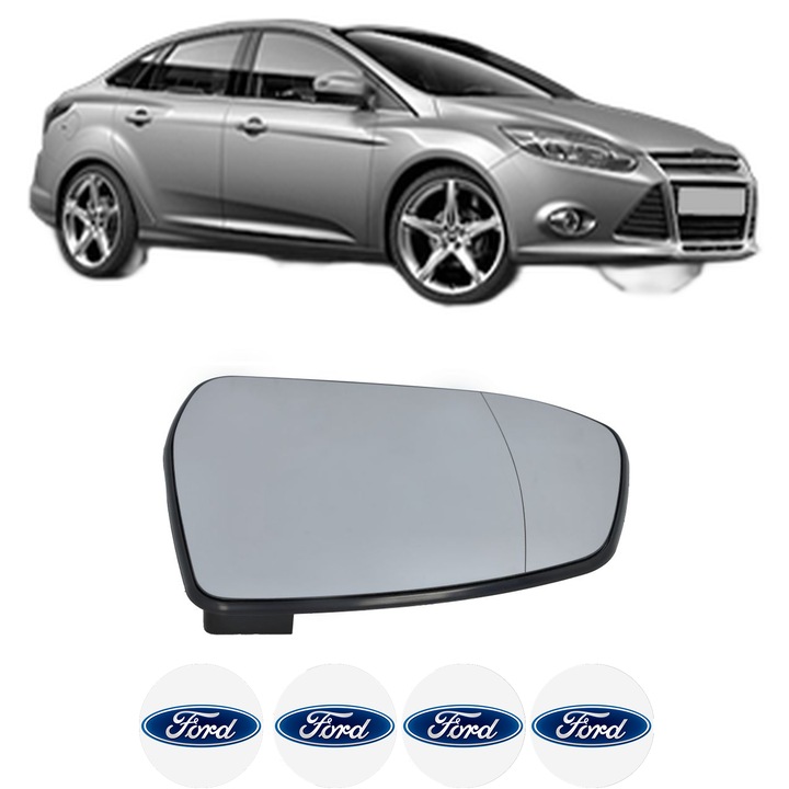Sticla oglinda exterioara Stanga FORD FOCUS III Saloon din 2010 - 2020, auto, cu incalzire, Cri-Flo, 4 stickere auto FORD