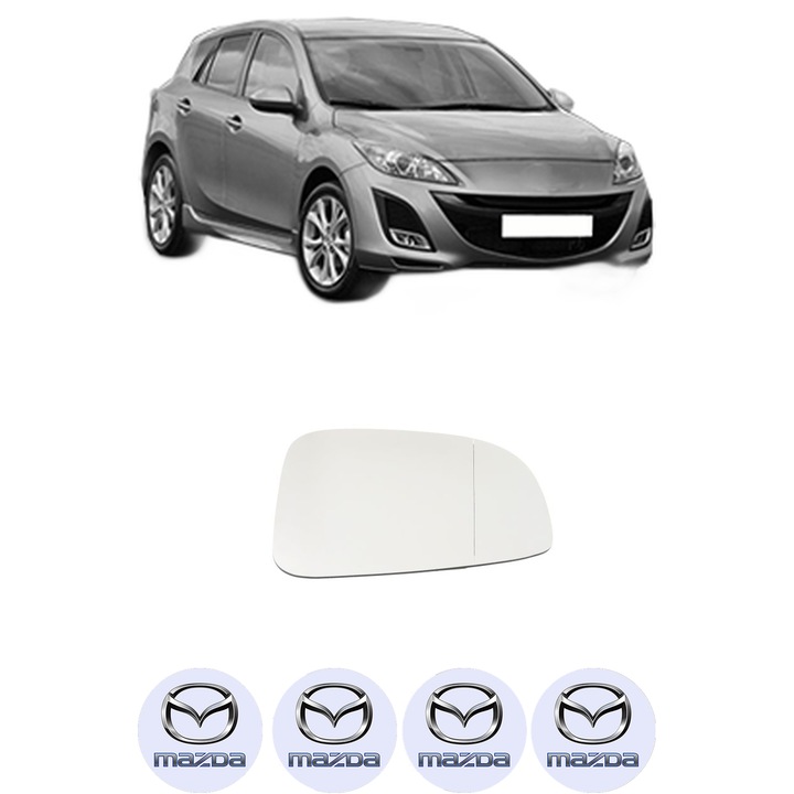 Sticla oglinda exterioara Stanga MAZDA 3 (BL) din 2008 - 2014, auto, cu incalzire, Cri-Flo, 4 stickere auto MAZDA