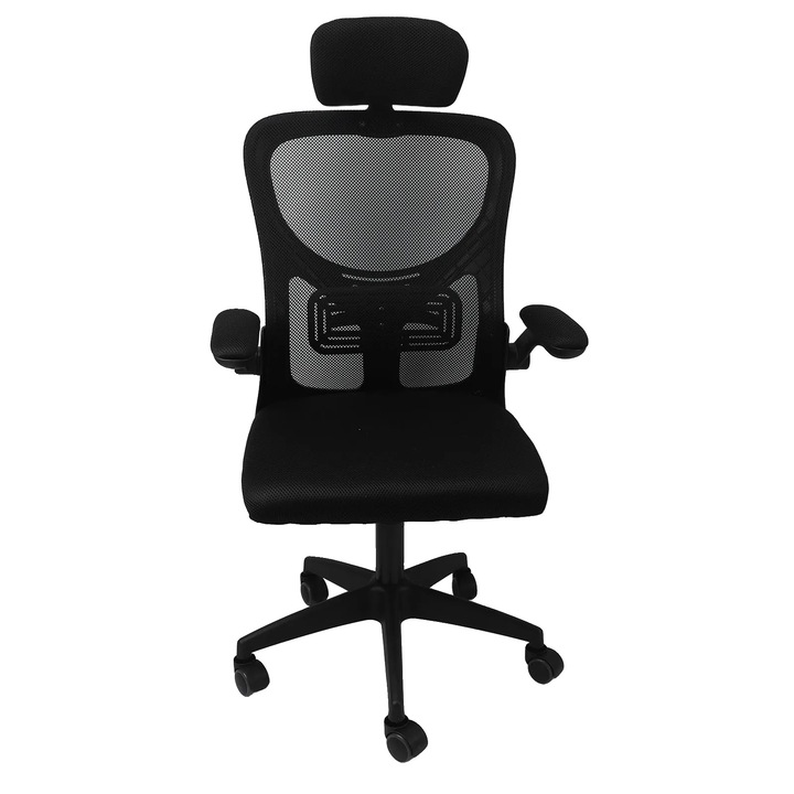 Офис стол, мрежеста облегалка, лумбална опора, регулируеми подлакътници, черен