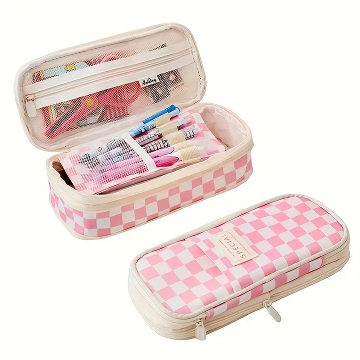 Penar scolar Special, DANATI, Carouri Roz/Bej, 1 Compartiment cu Clapeta Interioara, Capacitate mare, Multifunctional, Dimensiune reglabila, 22x6.5x10.5cm