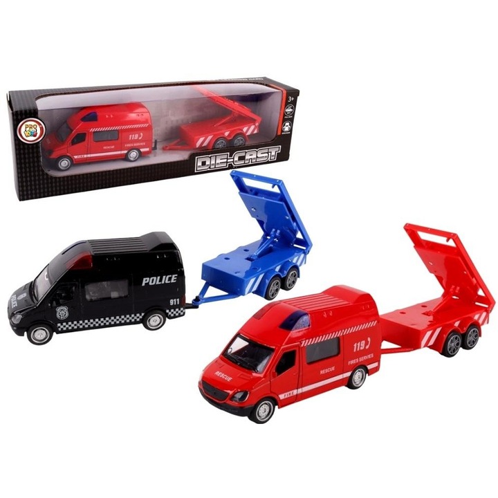 Set masinute metalice Pro Kids, vehicul de politie si remorca, culori variate