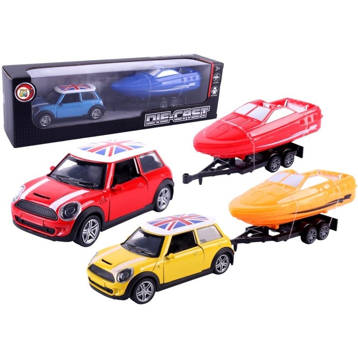 Set masinuta cu remorca si barca, Pro Kids, metal, culori mixte