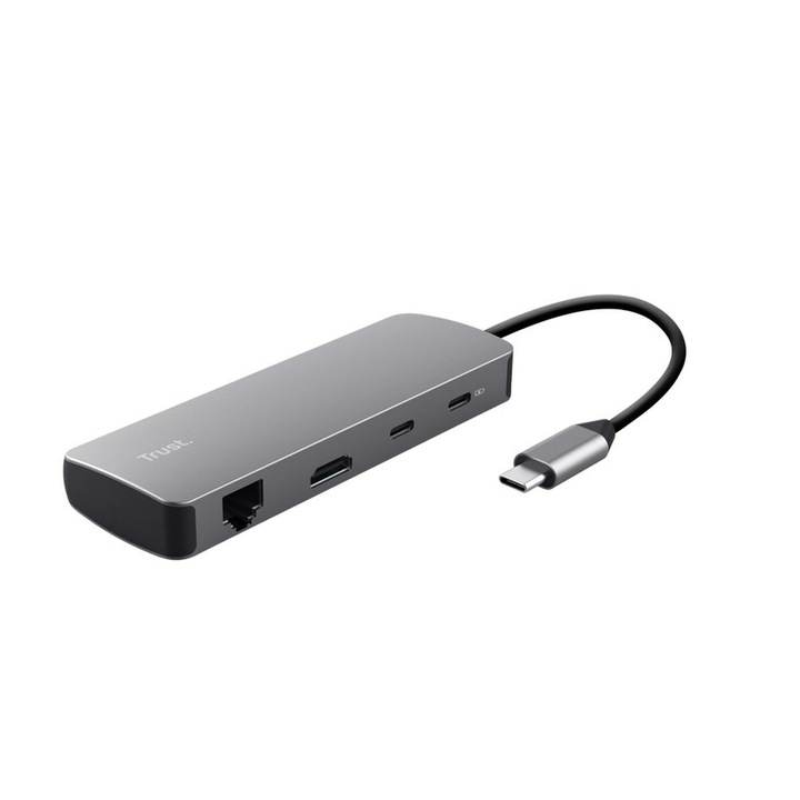 Хъб USB Trust 25672, 8 порта, HDMI, USB-C, сив, 15 см