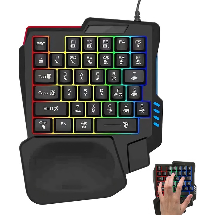 Tastatura gaming, 35 taste, iluminare RGB, set cu mouse, negru, 17.7x22cm
