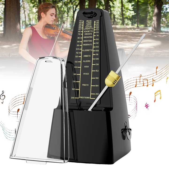 Metronom mecanic traditional, AKKEE, Miscare de cupru pur, Portabil, Durabile, Bataie precisa, Viteza 40~208 batai/min, Picioare anti-alunecare, Usor de utilizat, Clasic, Incepatori, Forma de piramida, pentru Pian, Vioara, Chitara si tobe, Negru