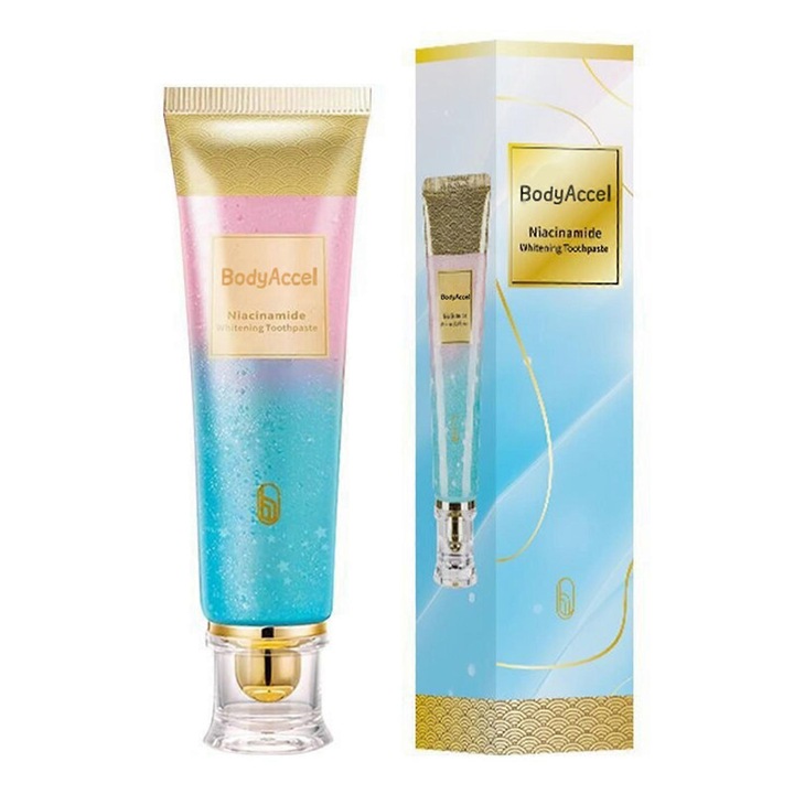 Fehérítő fogkrém Niacinamiddal, BodyAccel, kíméletes tisztítás, gazdag hab