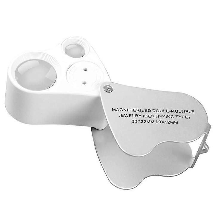 Lupa portabila cu LED, 30X si 60X, metal cromat, set 2 bucati, alb