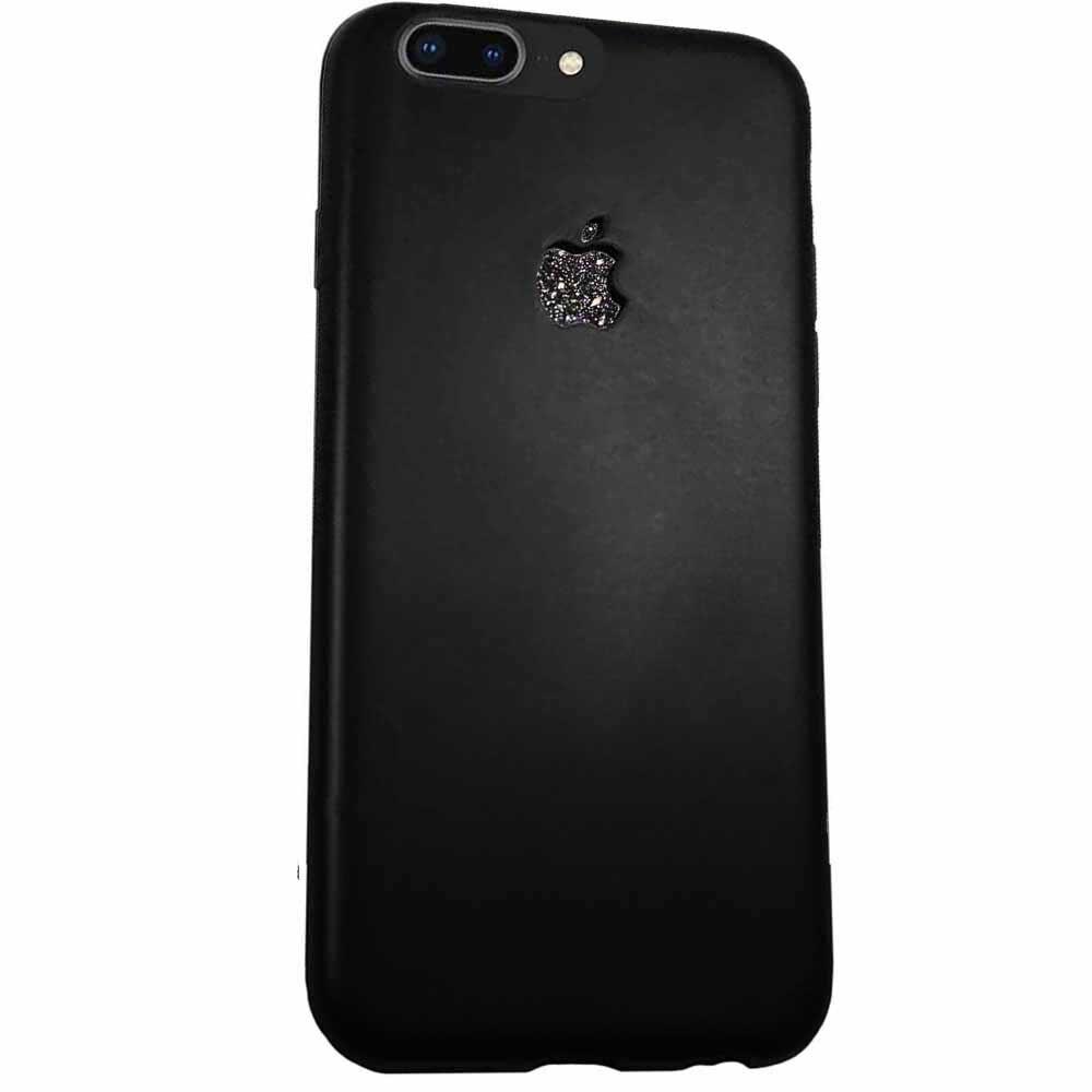 Husa iPhone 7 Plus (5.5 inch) din silicon dens, logo Apple decupat, mat matte BLACK + sticker logo sclipici glitter BLACK