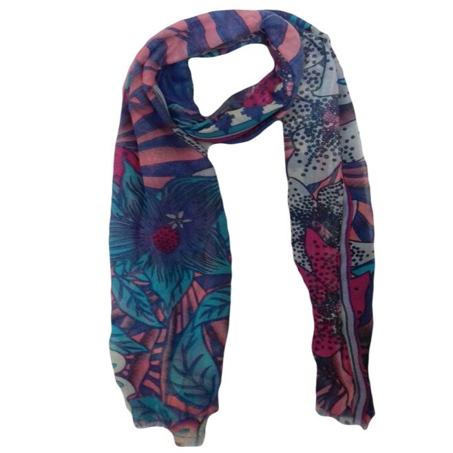 Esarfa fina, rafinata, imprimeu de flori, D&J Exclusive, bleumarin