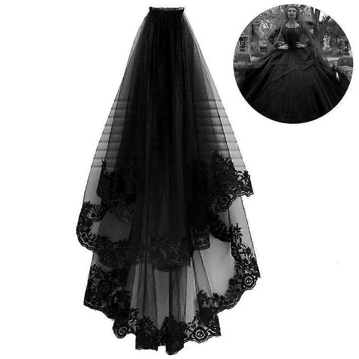 Къс булчински воал с два слоя, черен, дантела, 60x80см