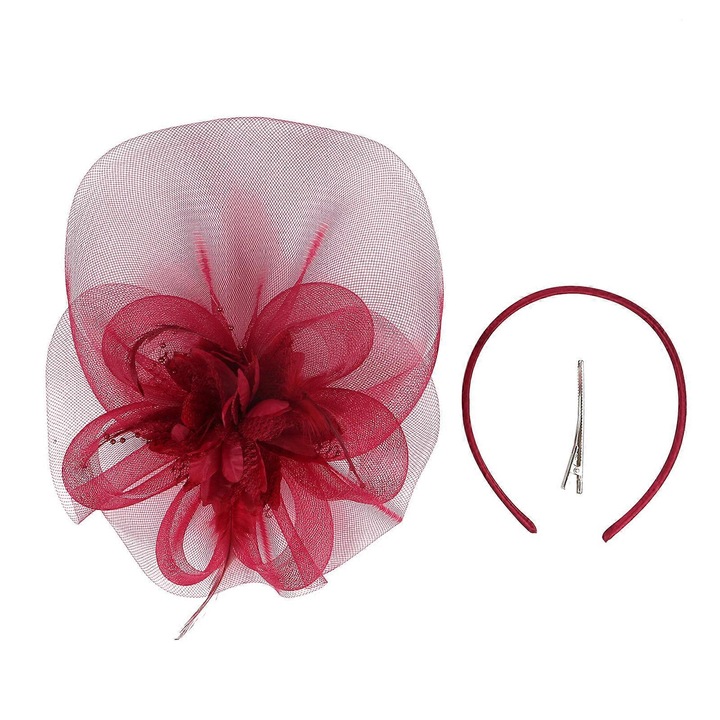 Accesoriu elegant cu flori din plasa si pene, set, 27x20cm