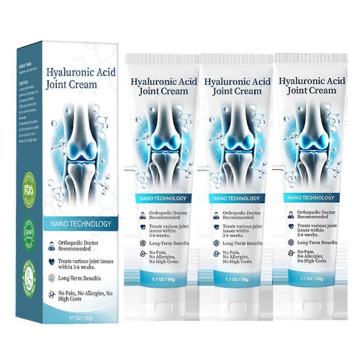 Ízületi krém hialuronsavval, 3 darabos szett, nem zsíros, gyors felszívódású, hátra, nyakra, kezekre, térdre