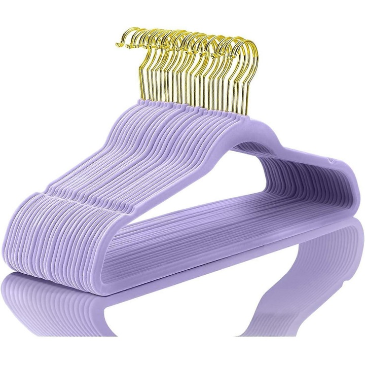 Umerase pentru haine, set 10 buc, design slim, non-alunecare, culoare ivory, carlige aurii