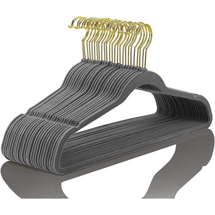 Umerase pentru haine, set 10 bucati, design subtire, non-alunecare, culoare ivory, carlige aurii, dimensiuni 17.5x0.2x9 inch