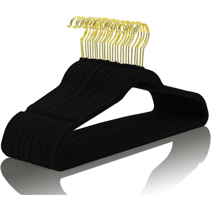 Umerase pentru haine, set 10 bucati, design subtire, non-alunecare, culoare ivory, carlige aurii, dimensiuni 17.5x0.2x9 inch